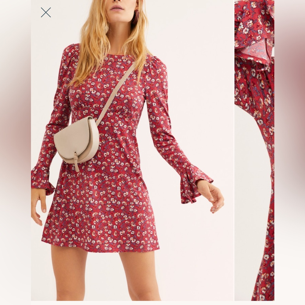 Free People Red Floral Long Sleeve Dress